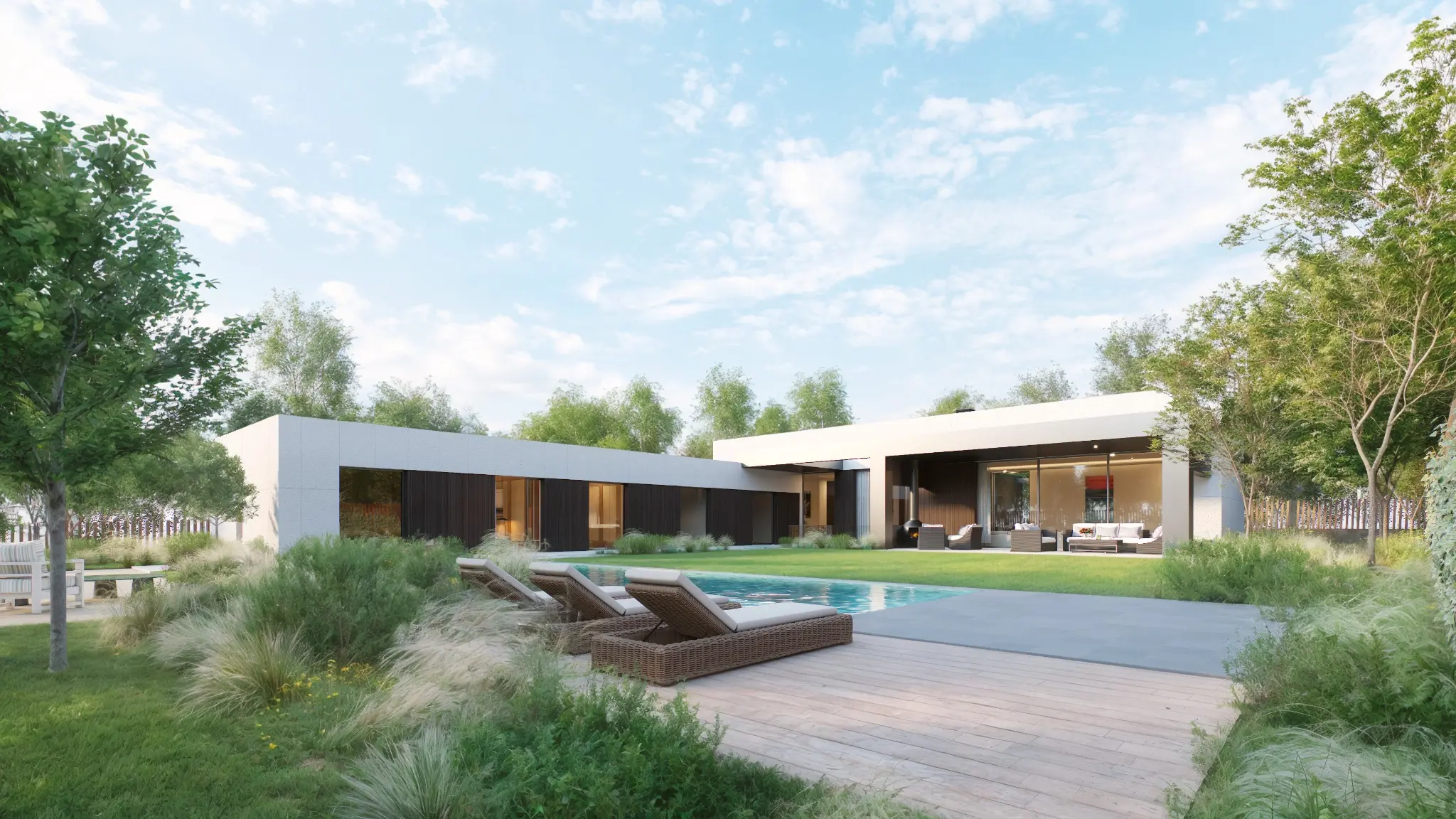 Render exterior de una vivienda contemporánea integrada en el paisaje