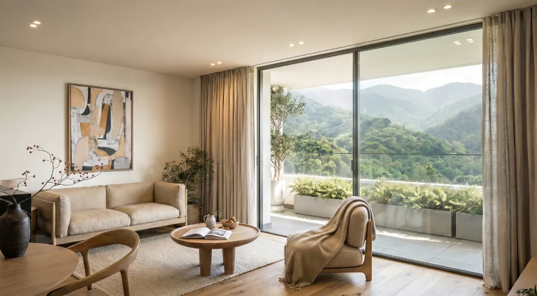 Interior residencial utilizado para validar materiales, luz y paisaje